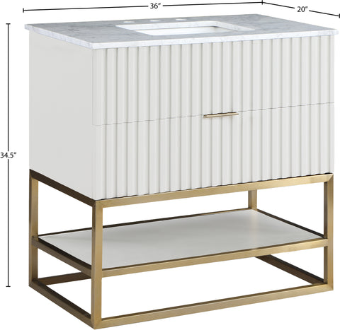 Delaney 36" White Genuine Marble Top, Steel And Glass Base Bathroom Vanity, 1 Piece