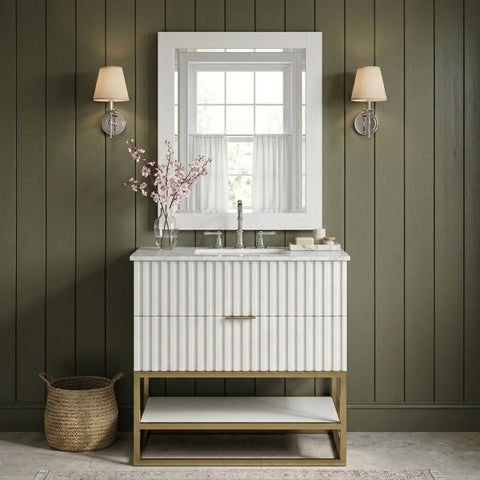 Delaney 36" White Genuine Marble Top, Steel And Glass Base Bathroom Vanity, 1 Piece