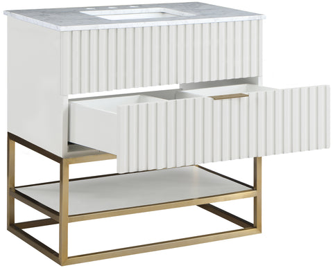 Delaney 36" White Genuine Marble Top, Steel And Glass Base Bathroom Vanity, 1 Piece