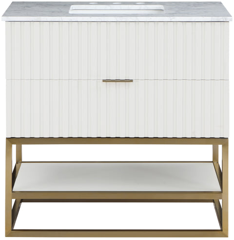 Delaney 36" White Genuine Marble Top, Steel And Glass Base Bathroom Vanity, 1 Piece