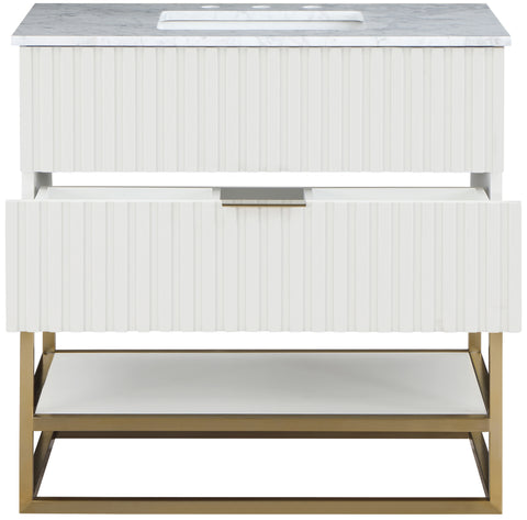 Delaney 36" White Genuine Marble Top, Steel And Glass Base Bathroom Vanity, 1 Piece