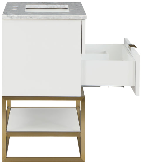 Delaney 36" White Genuine Marble Top, Steel And Glass Base Bathroom Vanity, 1 Piece