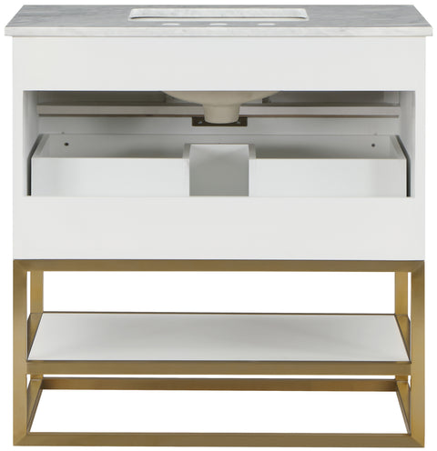 Delaney 36" White Genuine Marble Top, Steel And Glass Base Bathroom Vanity, 1 Piece