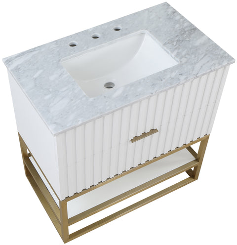 Delaney 36" White Genuine Marble Top, Steel And Glass Base Bathroom Vanity, 1 Piece