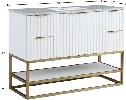 Delaney 48" White Genuine Marble Top, Steel And Glass Base Bathroom Vanity, 1 Piece