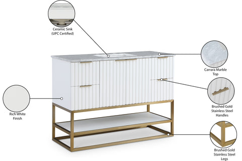 Delaney 48" White Genuine Marble Top, Steel And Glass Base Bathroom Vanity, 1 Piece
