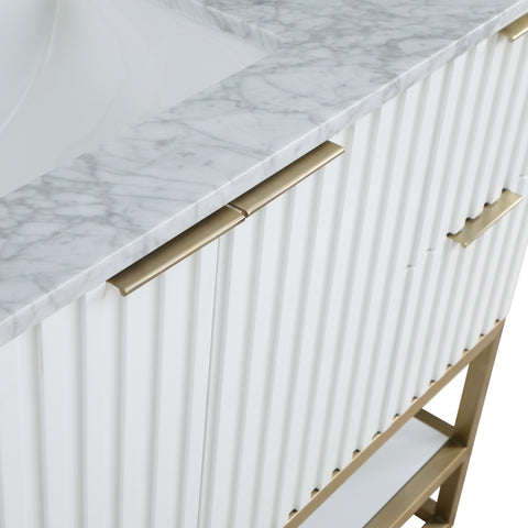 Delaney 48" White Genuine Marble Top, Steel And Glass Base Bathroom Vanity, 1 Piece