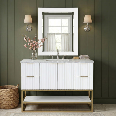 Delaney 48" White Genuine Marble Top, Steel And Glass Base Bathroom Vanity, 1 Piece