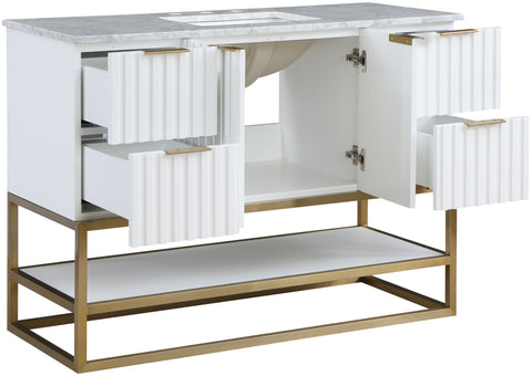 Delaney 48" White Genuine Marble Top, Steel And Glass Base Bathroom Vanity, 1 Piece