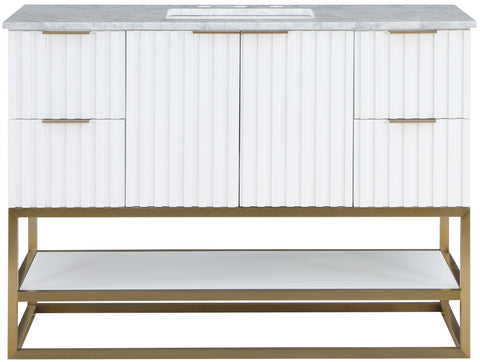 Delaney 48" White Genuine Marble Top, Steel And Glass Base Bathroom Vanity, 1 Piece