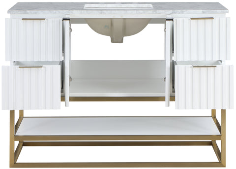 Delaney 48" White Genuine Marble Top, Steel And Glass Base Bathroom Vanity, 1 Piece