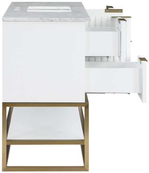Delaney 48" White Genuine Marble Top, Steel And Glass Base Bathroom Vanity, 1 Piece