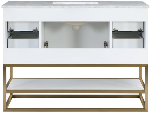Delaney 48" White Genuine Marble Top, Steel And Glass Base Bathroom Vanity, 1 Piece