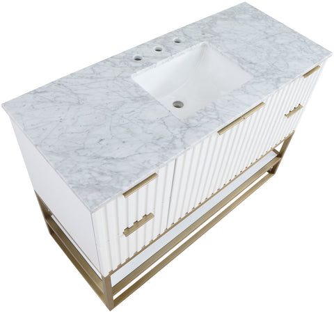 Delaney 48" White Genuine Marble Top, Steel And Glass Base Bathroom Vanity, 1 Piece