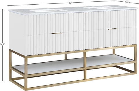 Delaney 60" White Genuine Marble Top, Steel And Glass Base Bathroom Vanity, 1 Piece