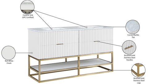 Delaney 60" White Genuine Marble Top, Steel And Glass Base Bathroom Vanity, 1 Piece
