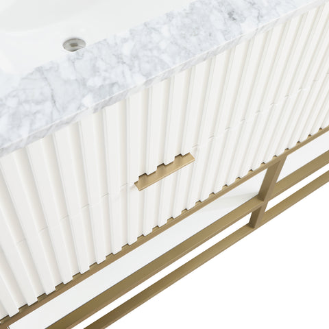 Delaney 60" White Genuine Marble Top, Steel And Glass Base Bathroom Vanity, 1 Piece
