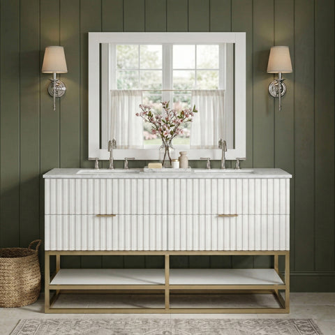 Delaney 60" White Genuine Marble Top, Steel And Glass Base Bathroom Vanity, 1 Piece