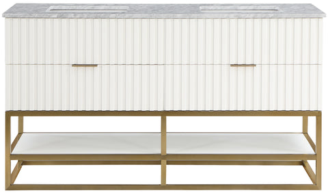 Delaney 60" White Genuine Marble Top, Steel And Glass Base Bathroom Vanity, 1 Piece