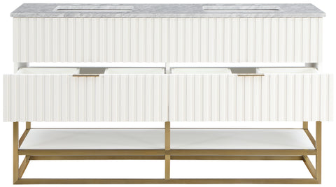 Delaney 60" White Genuine Marble Top, Steel And Glass Base Bathroom Vanity, 1 Piece