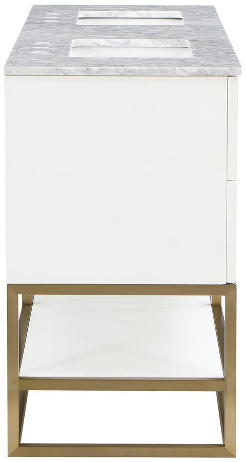Delaney 60" White Genuine Marble Top, Steel And Glass Base Bathroom Vanity, 1 Piece