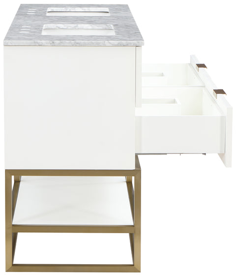 Delaney 60" White Genuine Marble Top, Steel And Glass Base Bathroom Vanity, 1 Piece