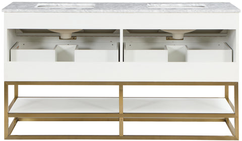 Delaney 60" White Genuine Marble Top, Steel And Glass Base Bathroom Vanity, 1 Piece