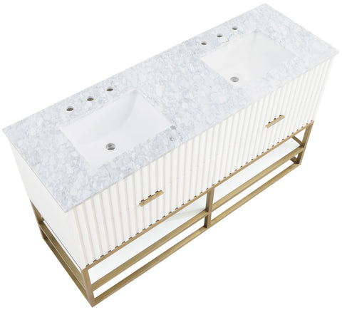 Delaney 60" White Genuine Marble Top, Steel And Glass Base Bathroom Vanity, 1 Piece
