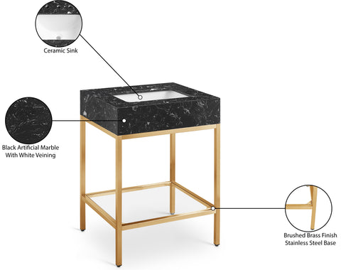 Blaire 24" Black Engineered Stone Top, Steel And Glass Base Bathroom Vanity, 1 Piece