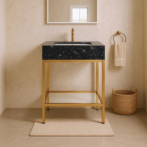 Blaire 24" Black Engineered Stone Top, Steel And Glass Base Bathroom Vanity, 1 Piece