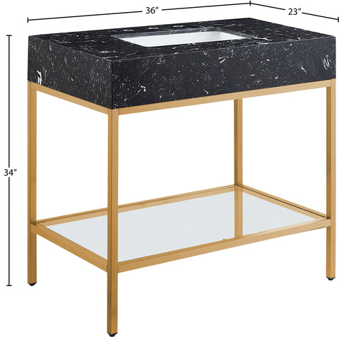 Blaire 36" Black Engineered Stone Top, Steel And Glass Base Bathroom Vanity, 1 Piece