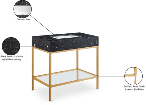 Blaire 36" Black Engineered Stone Top, Steel And Glass Base Bathroom Vanity, 1 Piece