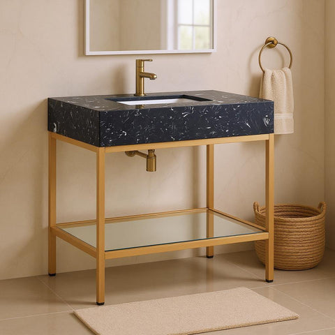 Blaire 36" Black Engineered Stone Top, Steel And Glass Base Bathroom Vanity, 1 Piece
