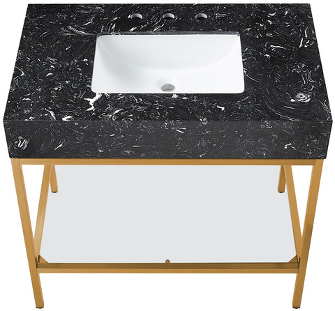 Blaire 36" Black Engineered Stone Top, Steel And Glass Base Bathroom Vanity, 1 Piece