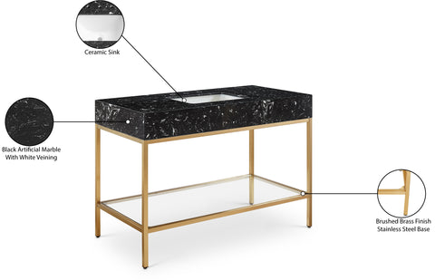 Blaire 48" Black Engineered Stone Top, Steel And Glass Base Bathroom Vanity, 1 Piece