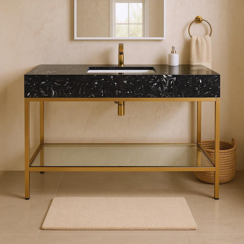 Blaire 48" Black Engineered Stone Top, Steel And Glass Base Bathroom Vanity, 1 Piece