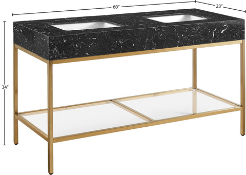 Blaire 60" Black Engineered Stone Top, Steel And Glass Base Bathroom Vanity, 1 Piece