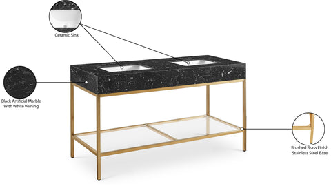 Blaire 60" Black Engineered Stone Top, Steel And Glass Base Bathroom Vanity, 1 Piece