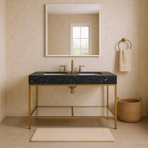 Blaire 60" Black Engineered Stone Top, Steel And Glass Base Bathroom Vanity, 1 Piece