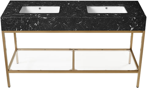 Blaire 60" Black Engineered Stone Top, Steel And Glass Base Bathroom Vanity, 1 Piece