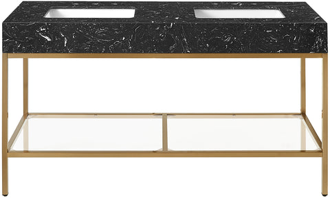 Blaire 60" Black Engineered Stone Top, Steel And Glass Base Bathroom Vanity, 1 Piece