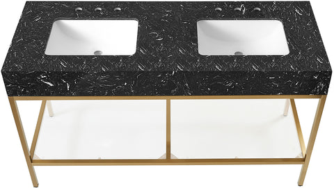 Blaire 60" Black Engineered Stone Top, Steel And Glass Base Bathroom Vanity, 1 Piece