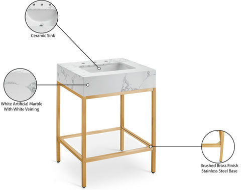 Blaire 24" White Engineered Stone Top, Steel And Glass Base Bathroom Vanity, 1 Piece
