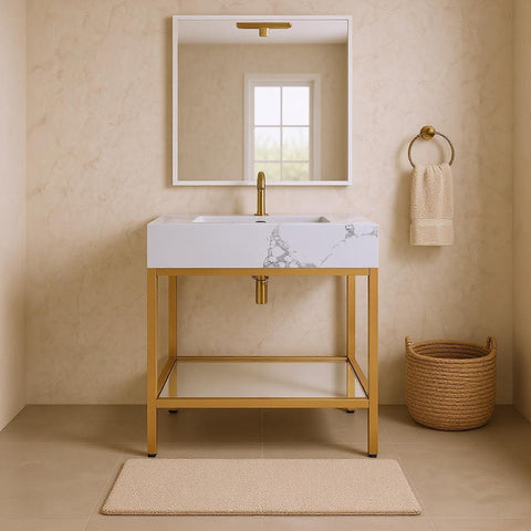 Blaire 24" White Engineered Stone Top, Steel And Glass Base Bathroom Vanity, 1 Piece