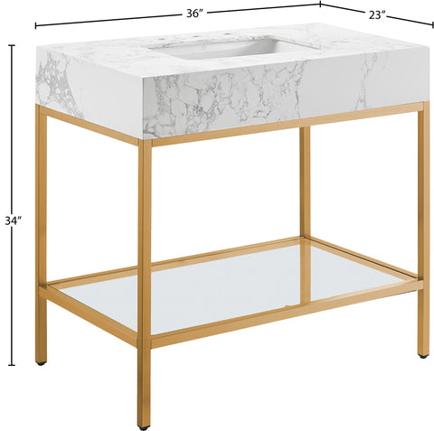 Blaire 36" White Engineered Stone Top, Steel And Glass Base Bathroom Vanity, 1 Piece