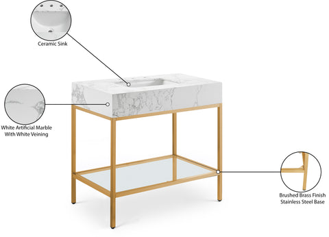 Blaire 36" White Engineered Stone Top, Steel And Glass Base Bathroom Vanity, 1 Piece