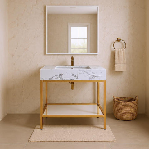 Blaire 36" White Engineered Stone Top, Steel And Glass Base Bathroom Vanity, 1 Piece