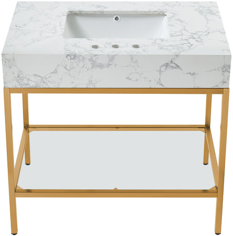 Blaire 36" White Engineered Stone Top, Steel And Glass Base Bathroom Vanity, 1 Piece