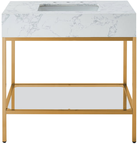 Blaire 36" White Engineered Stone Top, Steel And Glass Base Bathroom Vanity, 1 Piece