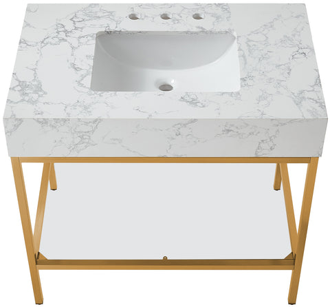 Blaire 36" White Engineered Stone Top, Steel And Glass Base Bathroom Vanity, 1 Piece